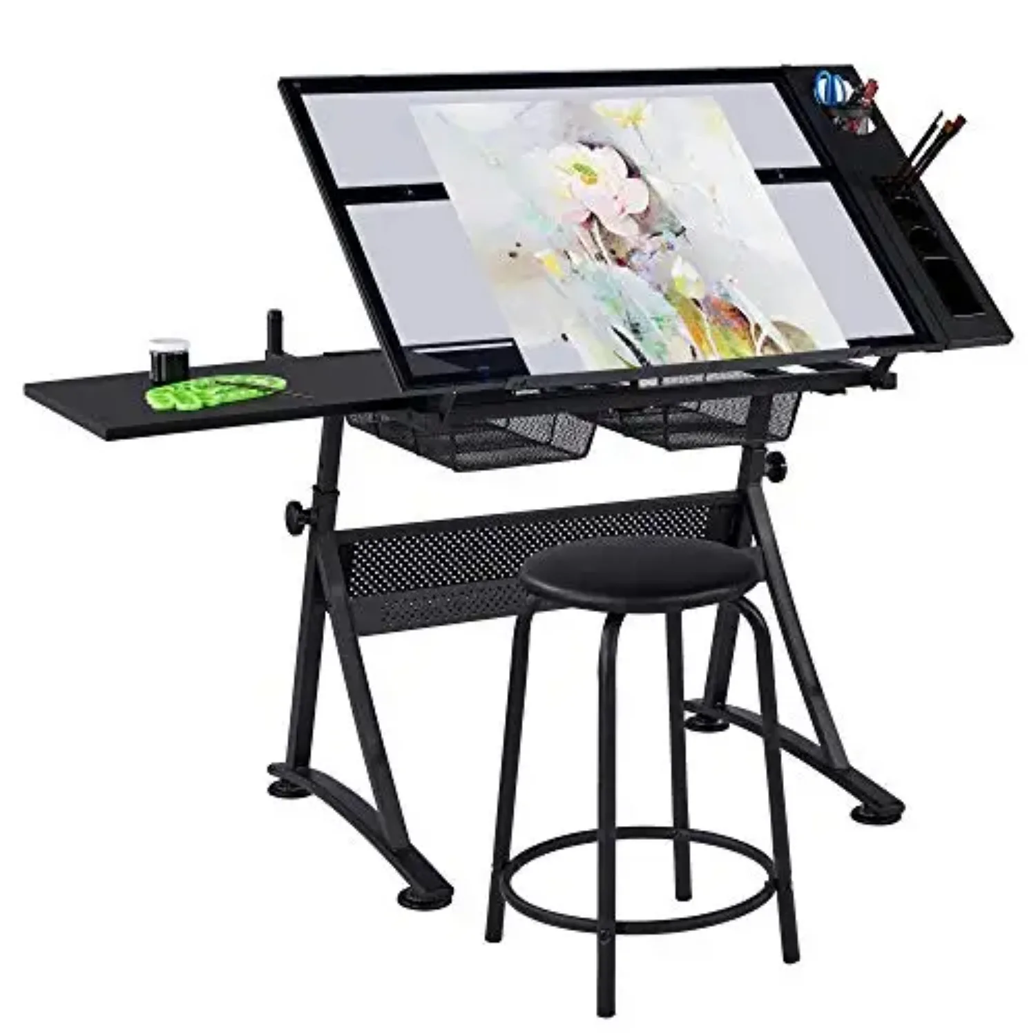Drawing Table, Art Craft Desk with Adjustable Tabletop, Painters/Artist Work Station, Study Table with Stool, Tempered