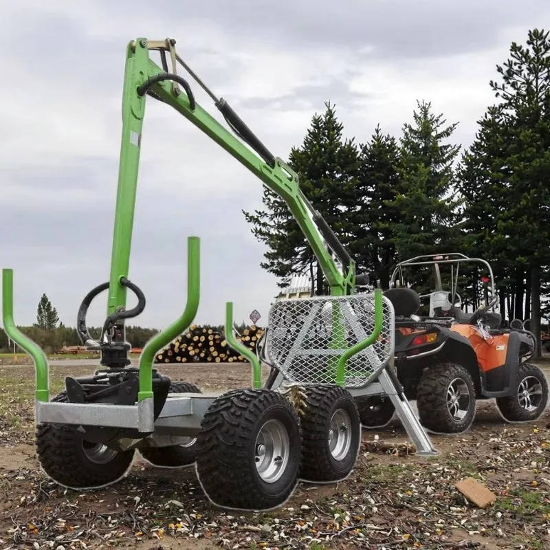 ATV Log Trailer With Hydraulic Crane Grapple, 3‑Point Hitch Log Crane for Farm Tractor Log‑Loading