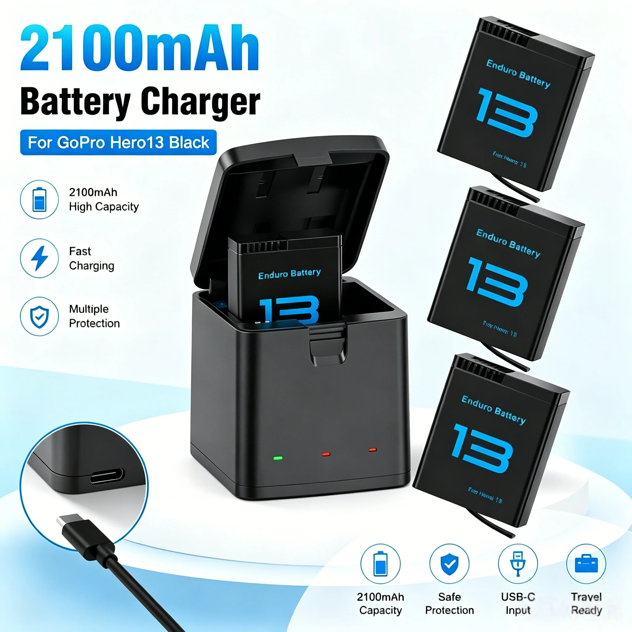 2100mAh Cameras Battery Charger For GoPro Hero13 Black For Go Pro Hero 13 Batteries Sport Cameras Accessories Battery Charger