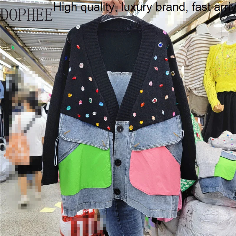 

Denim Colorful Diamond Patchwork Sweaters for Women Autumn All-match Loose V-neck Long Sleeve Knit Coat Casual Cardigans 2023