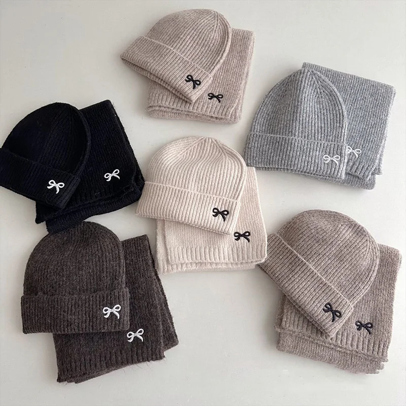 

Kids Knitted Hats Scarfs Set Solid Color Thick Soft Girls Baby Cap Warm Beanie Cap Child Winter Cute Bow Embroidered Children's