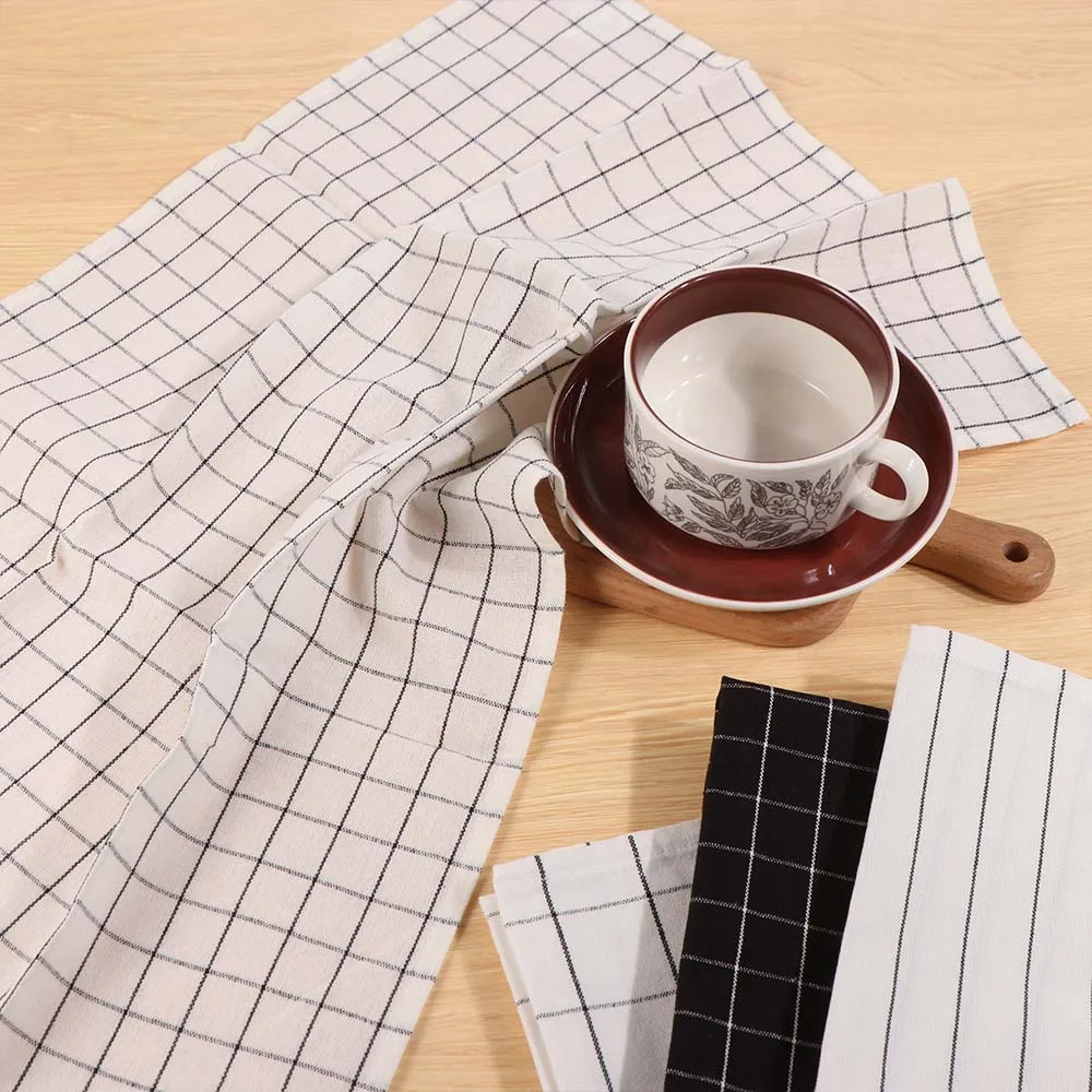 Tea Towel 40x60cm Kitchen Towel Printed Cotton Dish Cleaning Cloth Stripe Plaid Black Table Napkin Dinner