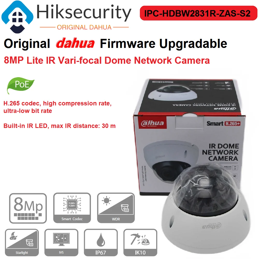 Original Dahua IP Camera IPC-HDBW2831R-ZAS-S2 8MP Lite IR Vari-focal Dome Network Cam Intelligent & Abnormality Detection