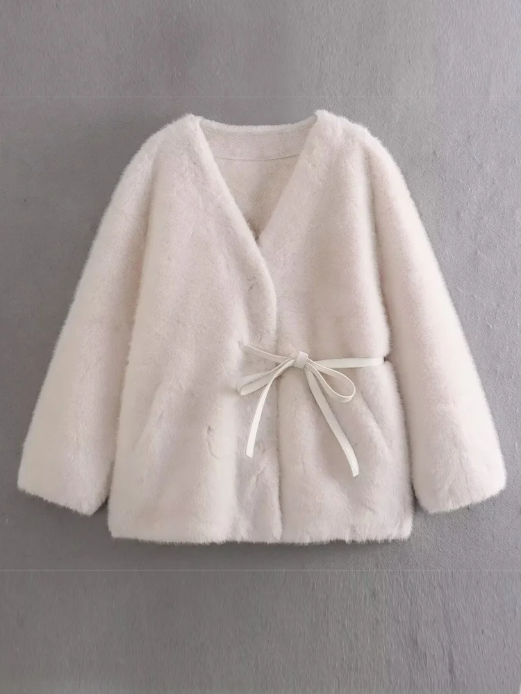 Slimming Faux  Velvet Coat with Belt Waist Cinching ort Outerwear for Women Commute Sle Loose Fit Long Sve V-Ne