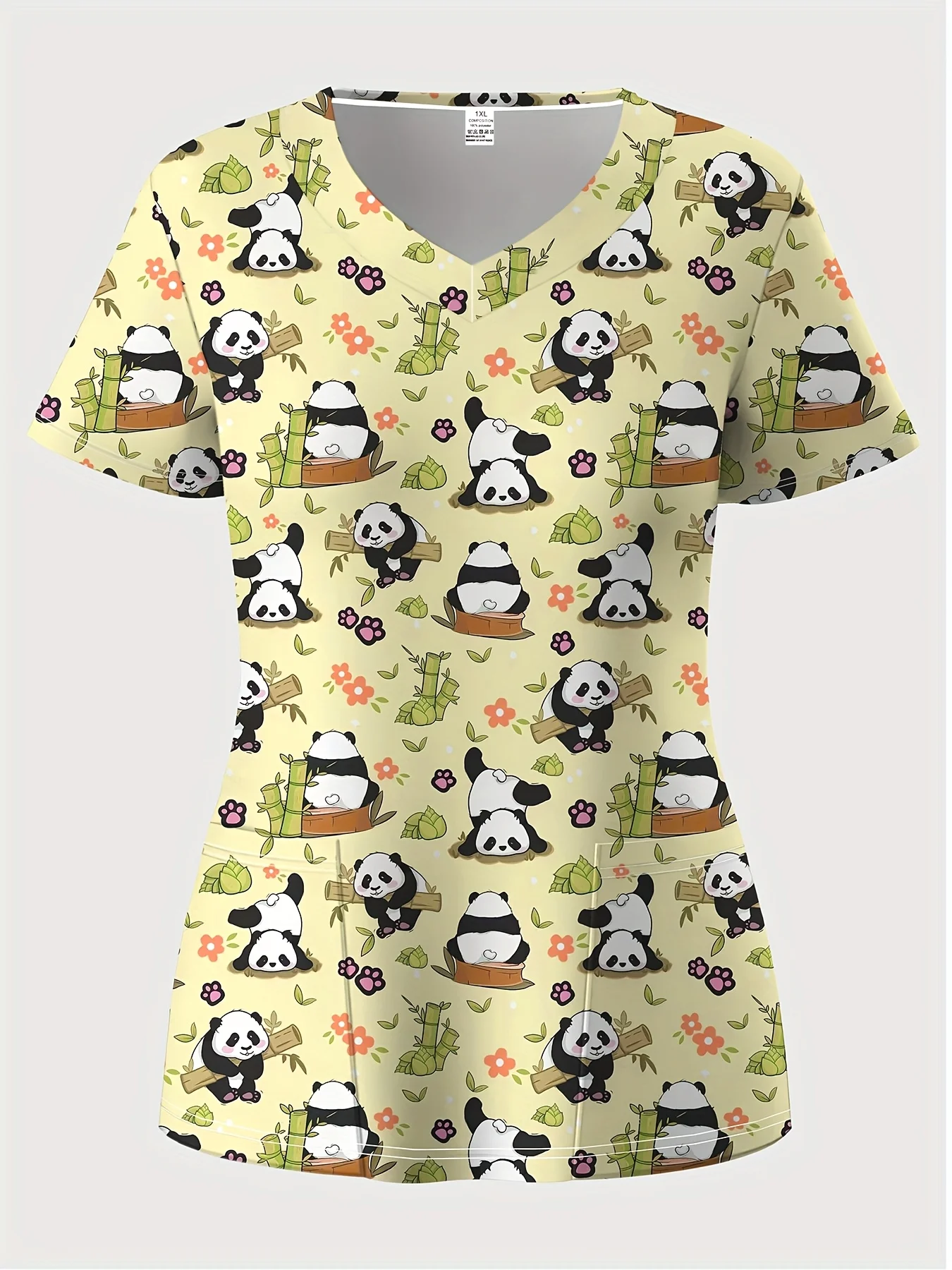 Rekbare damestop met V-hals en korte mouwen, schattige 3D-panda en bloemenprint, dubbele zakken - Comfortabel casual en gezondheidszorg