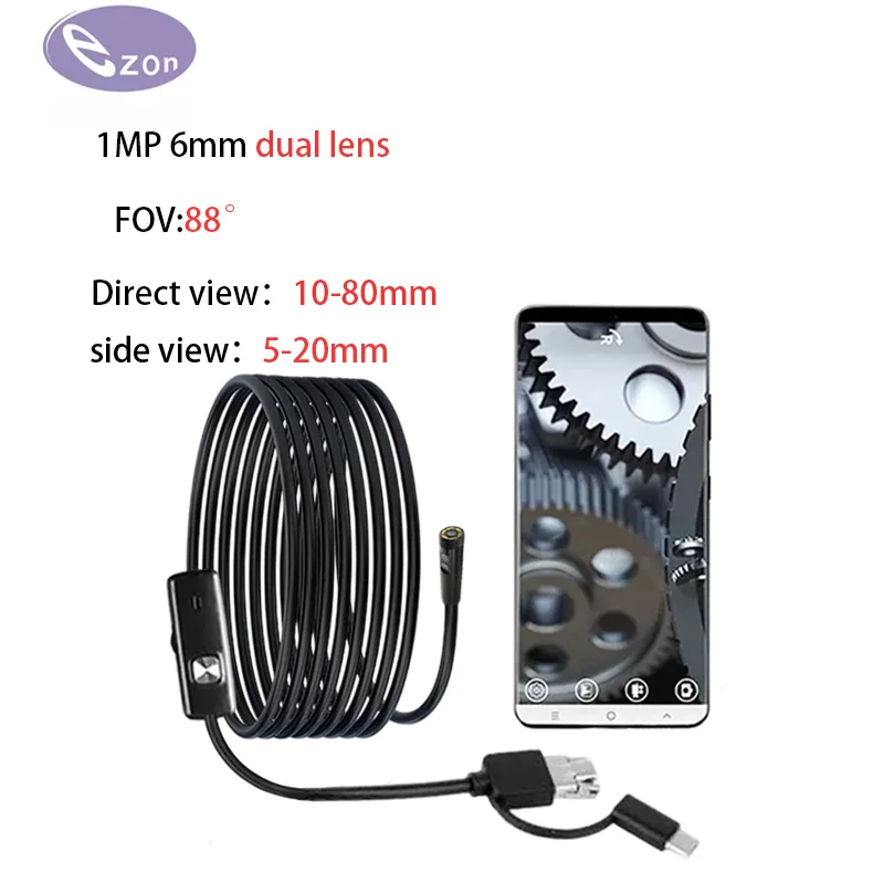 1MP 6MM dual lens HD USB industrial endoscope supports OTG  5m soft cord  EZ-EN60D-PL