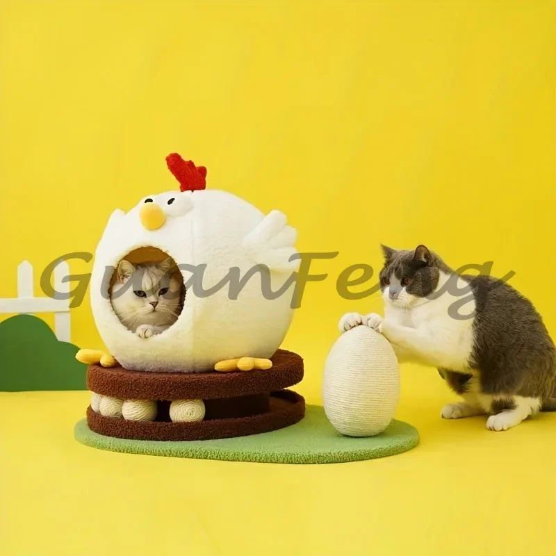 Multifunctional Chicken Shaped Cat Tree, Cute Solid Wood Cat Bed Pet Toy for Indoor Apartment Summer