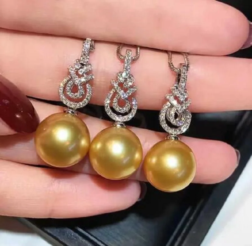 Gorgeous AAAAA 10-11mm south sea Golden ROUND pearl pendant earring set 925s.