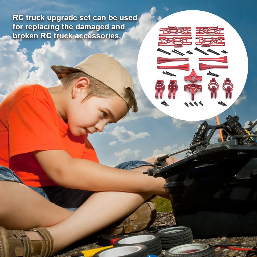 Zestaw akcesoriów do ciężarówki RC: wahacz górny i dolny w kształcie litery C, mocowanie zwrotnicy.