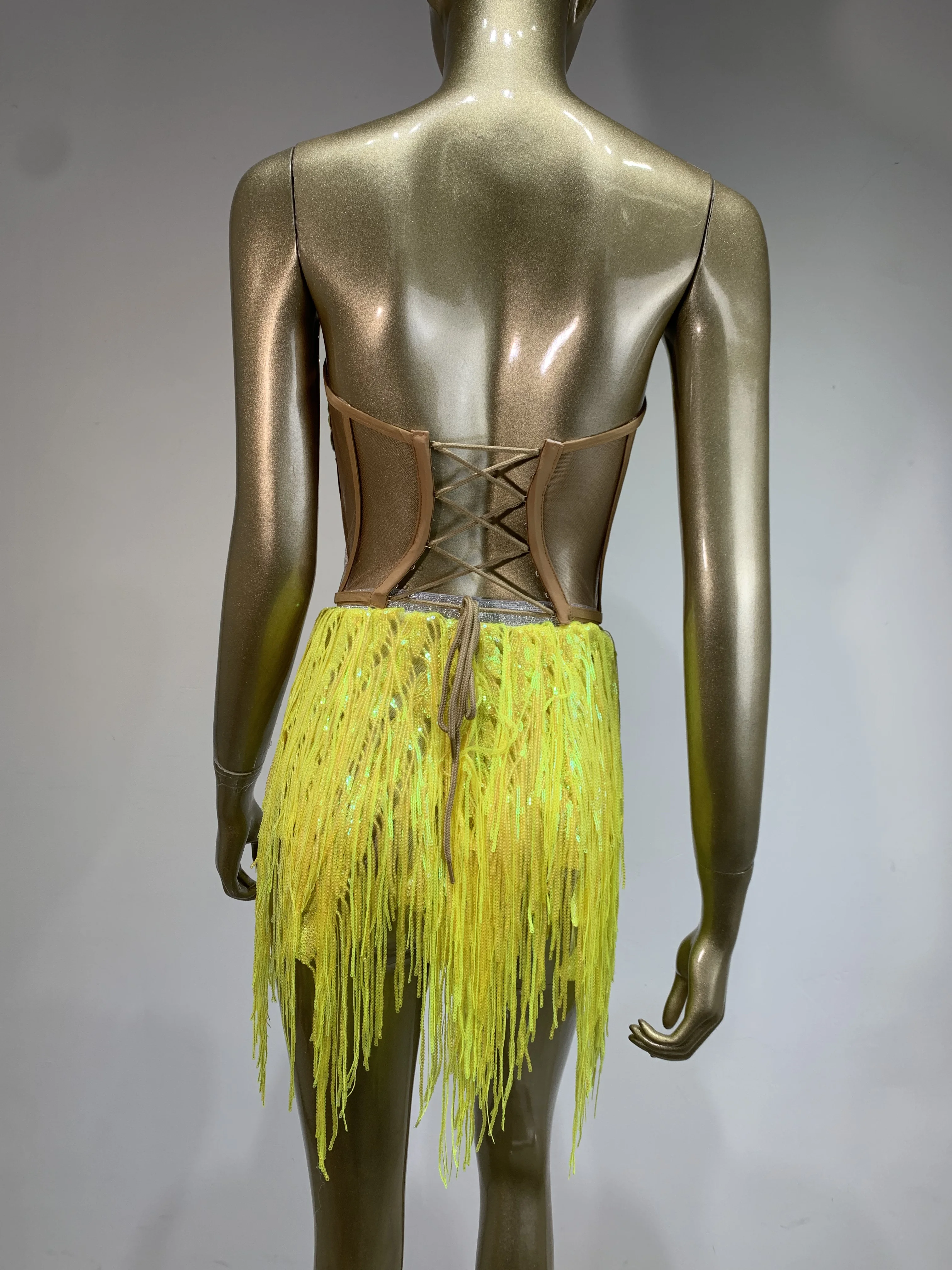 Ensemble jupe courte sexy pour femmes, glands scintillants en strass, robe de soirée, costume de scène de chanteuse de discothèque