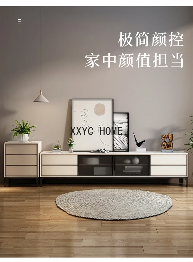 Living Room Italian Minimalist TV Cabinet and Tea Table Combination Floor Stone Plate Small Apartment Home Locker