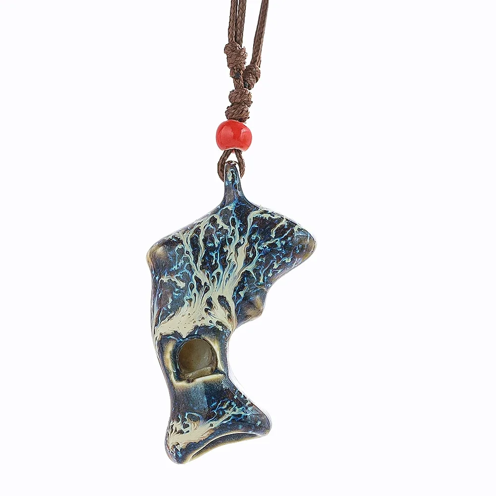 Ceramic Dolphin Shaped Whistle Necklace with Adjustable Cord Handmade Animal Ocarina Pendant for Kids Music Practice  Party Gift