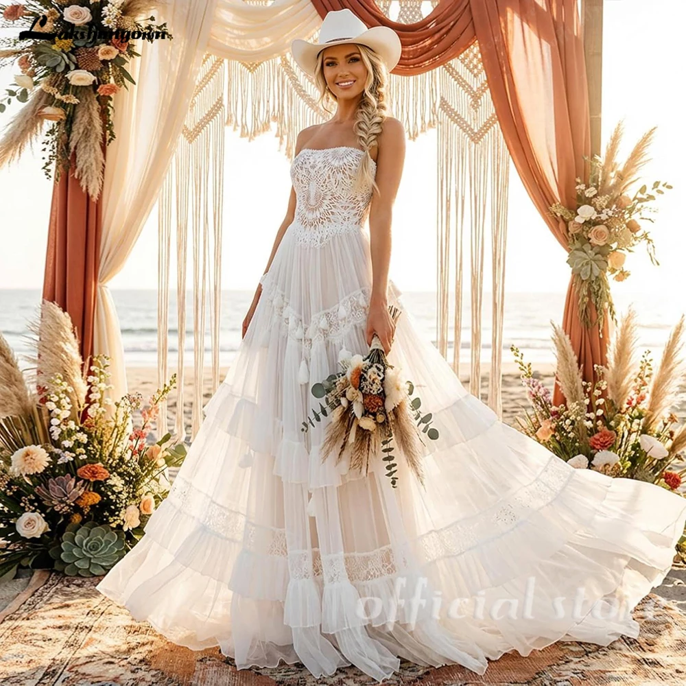 Lakshmigown Bohemisches Spitzen-Strandhochzeitskleid, trägerloses, sexy Boho-Brautkleid mit Quasten und Illusionseffekt, Vestido De Novia, maßgeschneidert – Detail 5