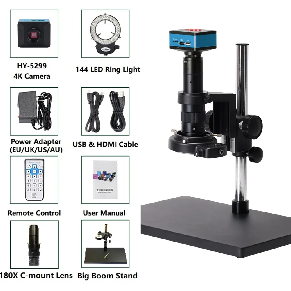 

4K UHD 60FPS Digital Microscope 180X C-Mount Lens HDMI USB Industrial Electronic Microscope Camera for Phone Repair Soldering