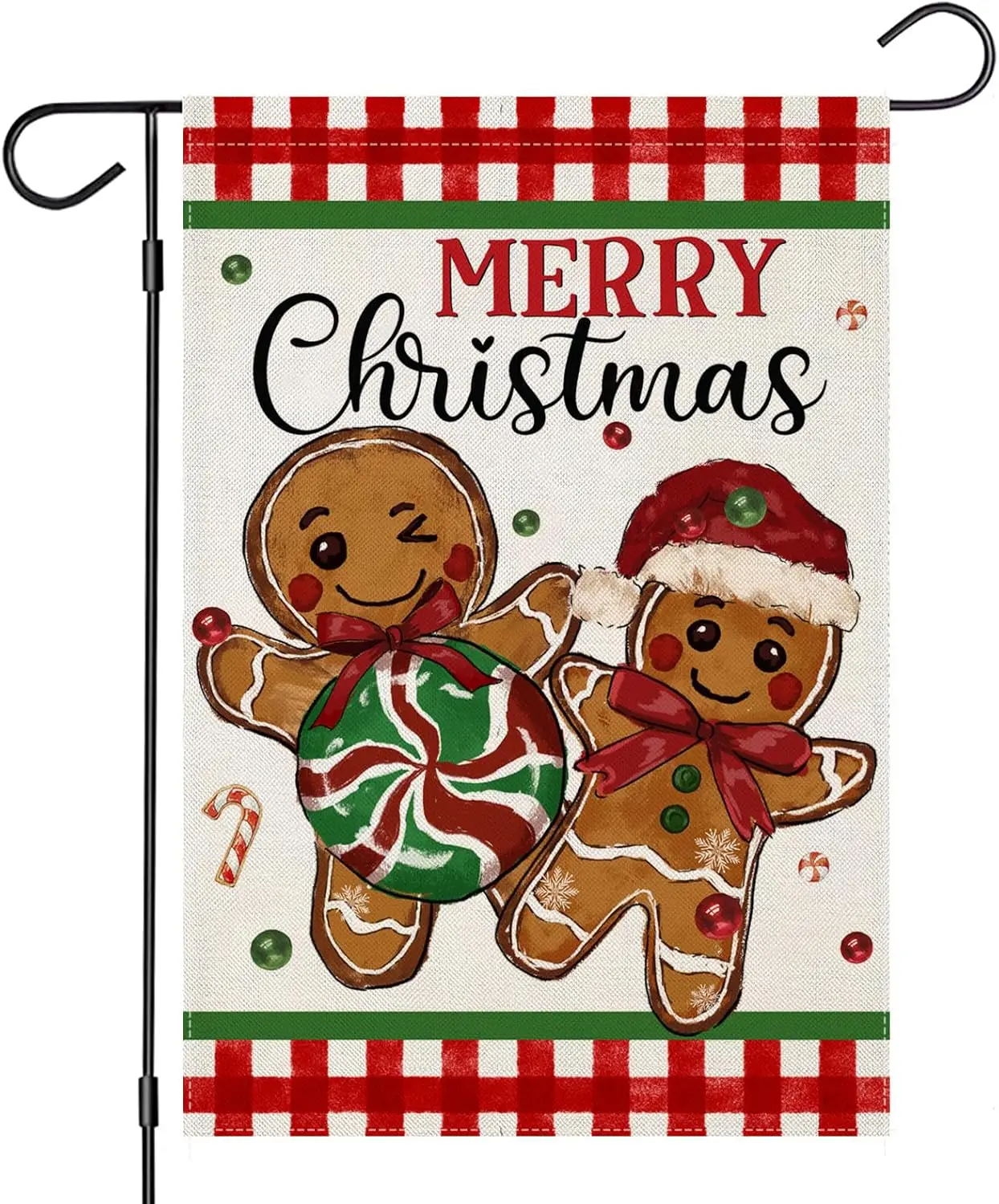 Merry Christmas Garden Flags for Outside, Xmas Gingerbread Man with Buffalo Plaid Small Seasonal Decoration for Winter Yard Outd