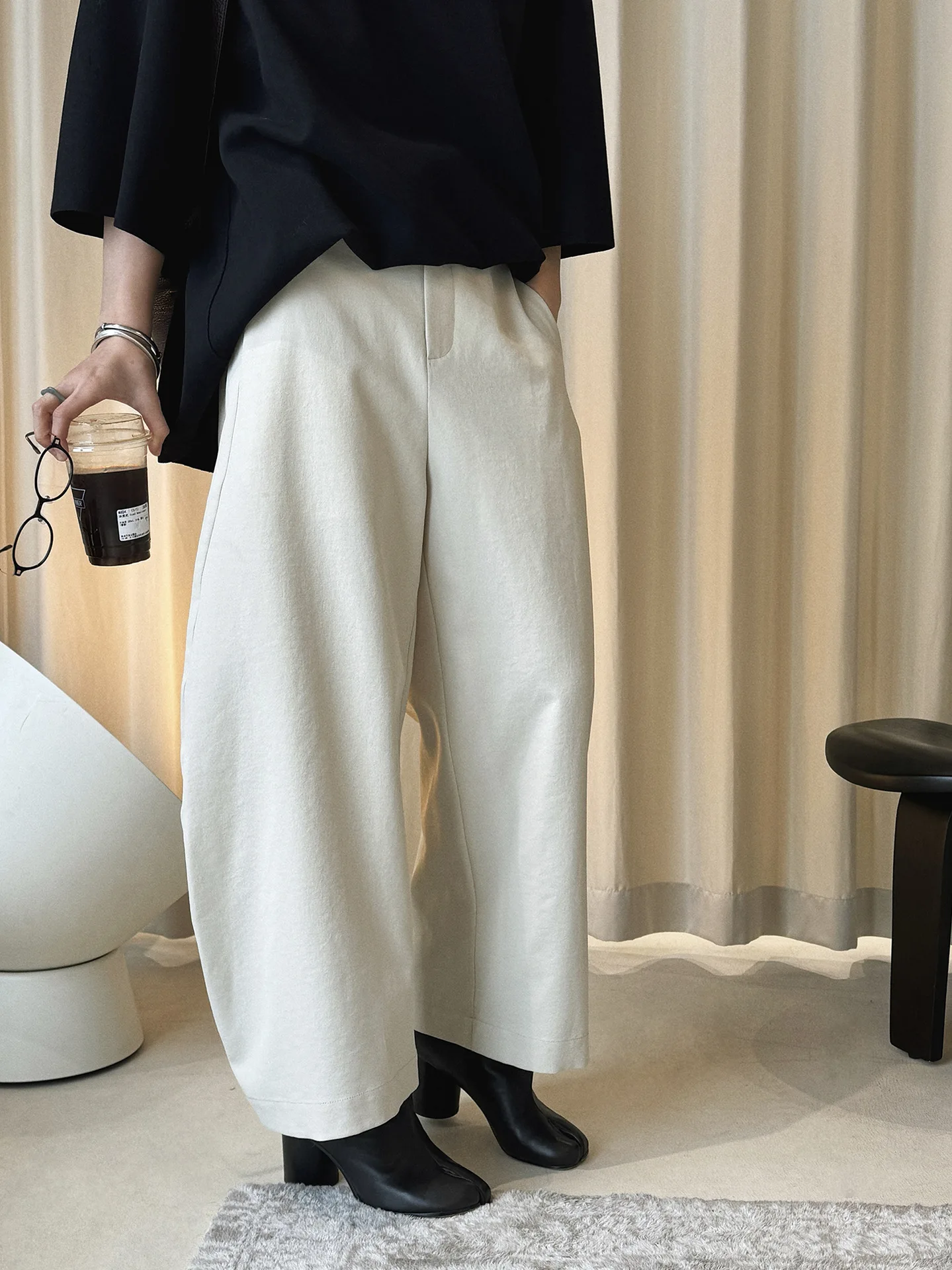 

Spring high waisted curved knife silhouette crisp trousers loose slimming pants for women
