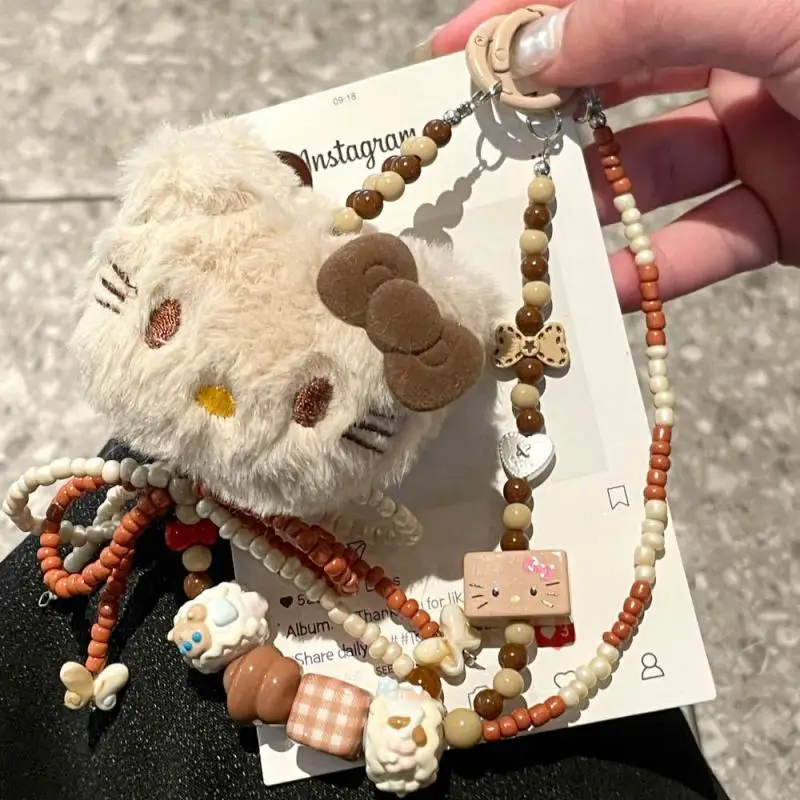 2025 Cartoon Kawaii Sanrio Hello Kitty Keychain Couple Backpack Pendant Children's Anime Plush Toy Beaded Pendant Holiday Gift