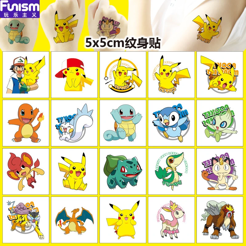 FUNISM 5 x 5 cm Pikachu Tattoo-Aufkleber 20 Cartoon-Tattoo-Aufkleber Wassertransfer Einweg-Tattoo Geburtstagsfeier