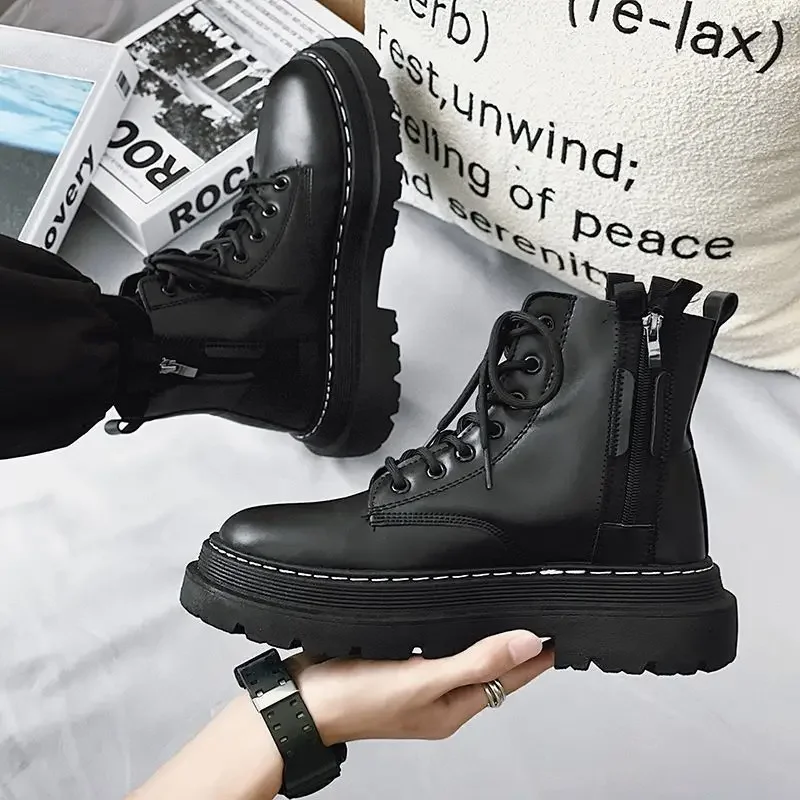 Black Lace Up Platform Men's Boots for Motorcyclist Male Shoes Motorcycle Casual Brands Offer Luxury Comfortable Cotton Shoe Fur