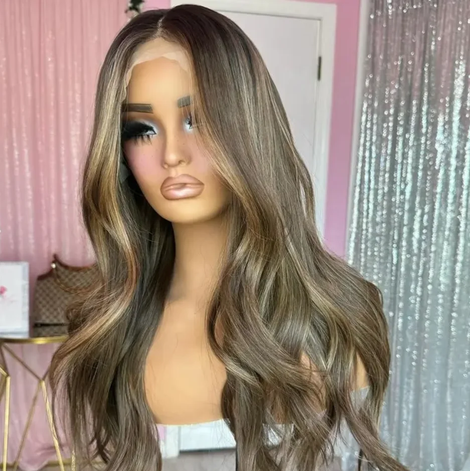 

26 Inch Long Woman Layered Middle Part Wigs Brown Mixed With Highlights Synthetic Natural Body Wavy Wigs Brown Luxury Soft Wig