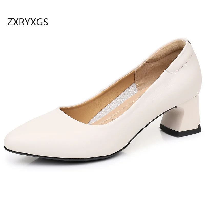 ZXRYXGS 2026 New Autumn Pointed Tip Genuine Leather Women's Middle Heel Shoes Women's Office Work Banquet Shoes Shoes Size 32-43