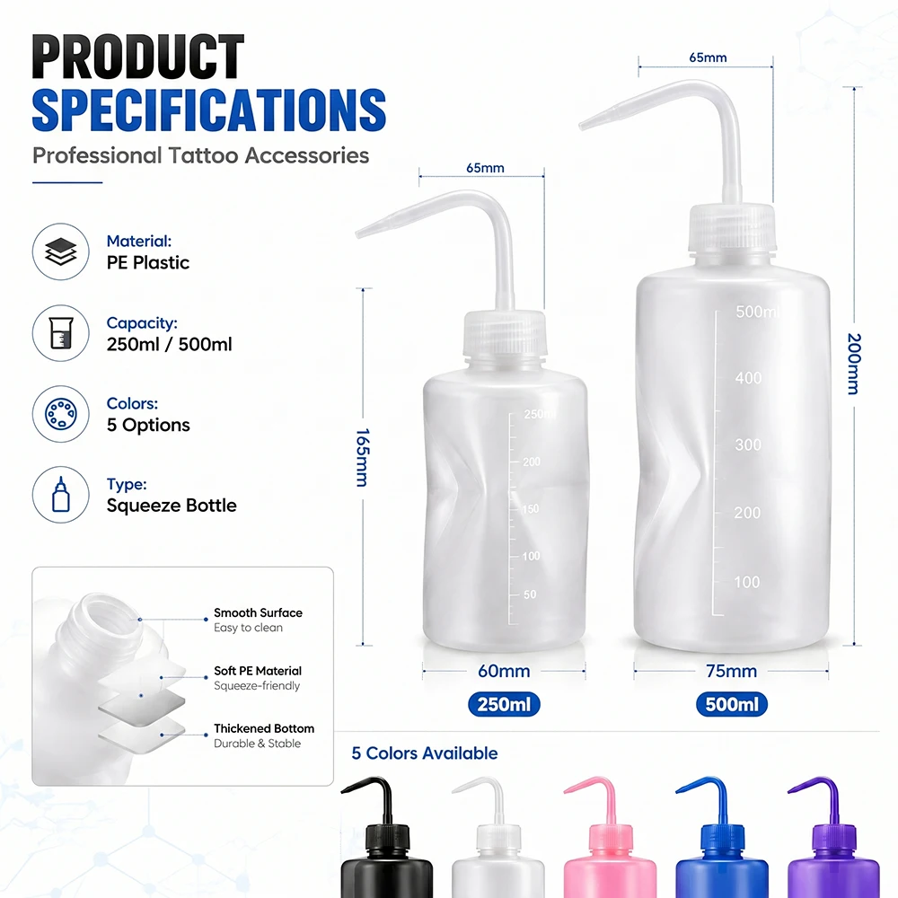 2pcs Tattoo Spray Bottle Tattoo Wash Bottle 250ml 500ml Squeeze Bottle 5 Colors Microblading PMU Eyelash Extension Accessories