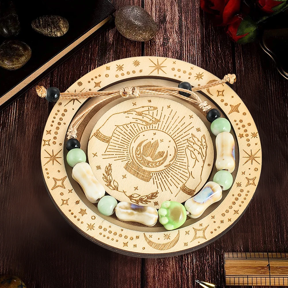 Wooden Bangle Plate Bracelet Holder Tray Laser Engrave Sun Moon Star Crystal Energy Pad Jewelry Storage Display Box Plate