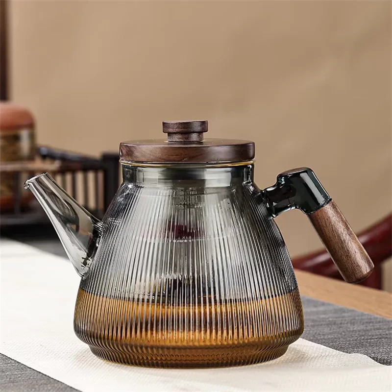 

Чайник из боросиликатного стекла в полоску с ручкой из орехового дерева для приготовления пищи и приготовления на пару, стеклянный чайник двойного назначения, чайник, чайная посуда