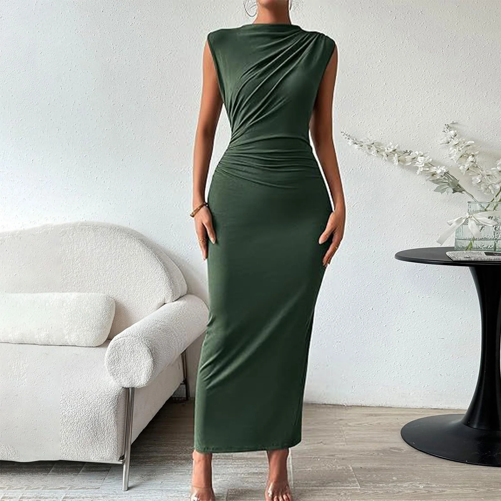 Vestido ceñido fruncido elegante para mujer, vestido Sexy sin mangas con envoltura en la cadera, vestido de fiesta para banquete de noche con temperamento elegante, novedad de 2026