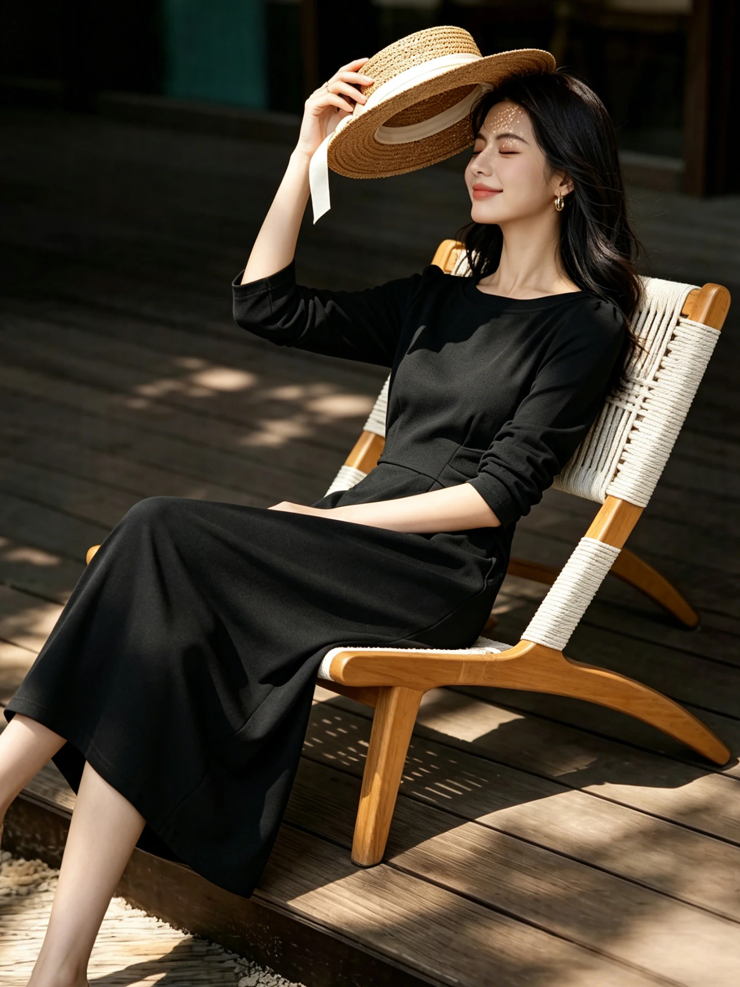 Elegant Commuter Long Black Dress Women's High Waist Bubble Sleeve Heben Style Slimming Dress Autumn New Style  Dress