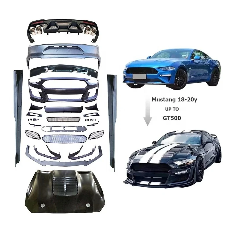 

Обновление Mustang 2018-20y до GT500, автомобильные комплекты кузова, детали, аксессуары, бампер, боковая юбка, диффузная для Mustang GT500