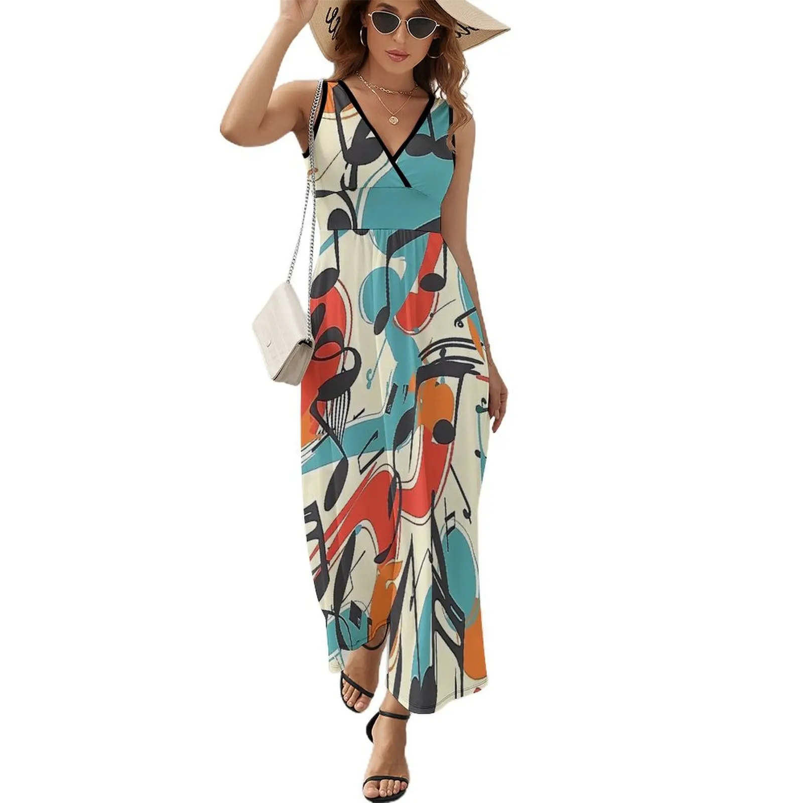 Colourful Music Note Print Dress Female  Vintage Maxi Dress V Neck Sleeveless Streetwear Custom Bohemia Long Dresses