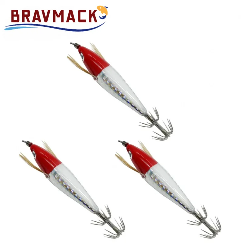 BRAVMACK Laser leuchtender Angelköder, schwimmende horizontale Holzgarnelen, Egi-Köder, Tintenfisch, Jigging, Garnelenhaken, Oktopus, Tintenfisch