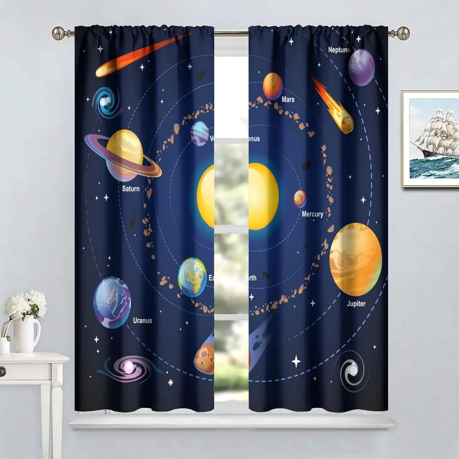 Solar System Window Curtains for Kids, Outer Space Window Treatments for Bedroom Universe Planets Galaxy Astronomy Window Drapes