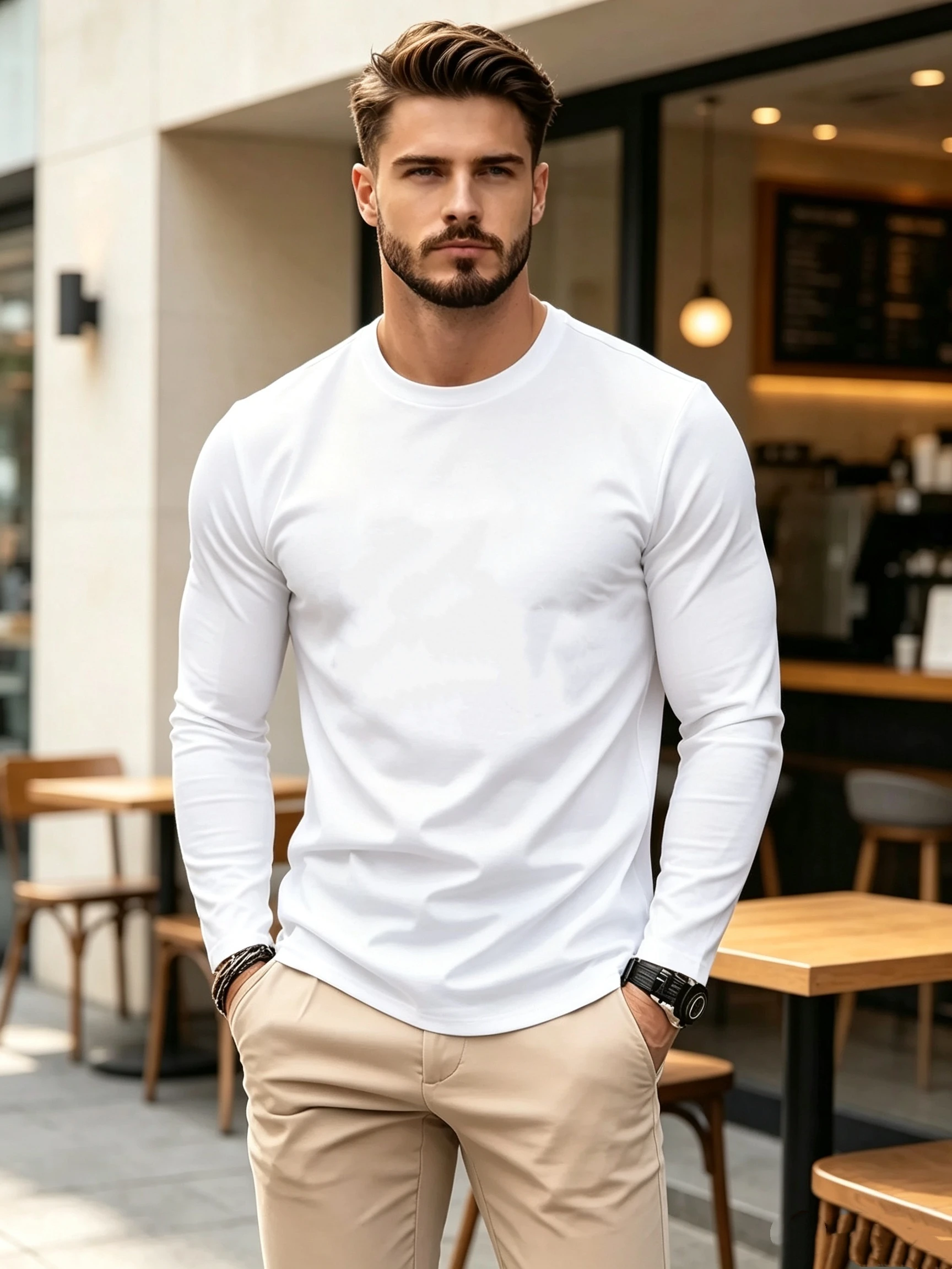 Men's White Crew Neck Long Sleeve Slim Fit T-Shirt, Spring/Autumn Solid Color Basic Stretchy Breathable Casual Top