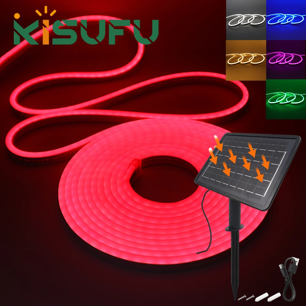 

Светодиодная неоновая лента на солнечных батареях 24В, IP65, 2835, 120 светодиодов/м, красная, теплая белая, синяя, розовая, гибкая лента-шнур для декора сада и вечеринок, 1-10 м