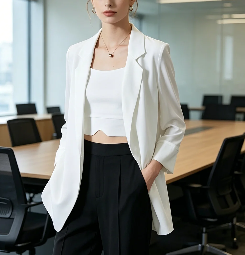 

Women White Open Front Blazer 3/4 Sleeve Casual Office Suit Jacket Loose Workwear Business Coat