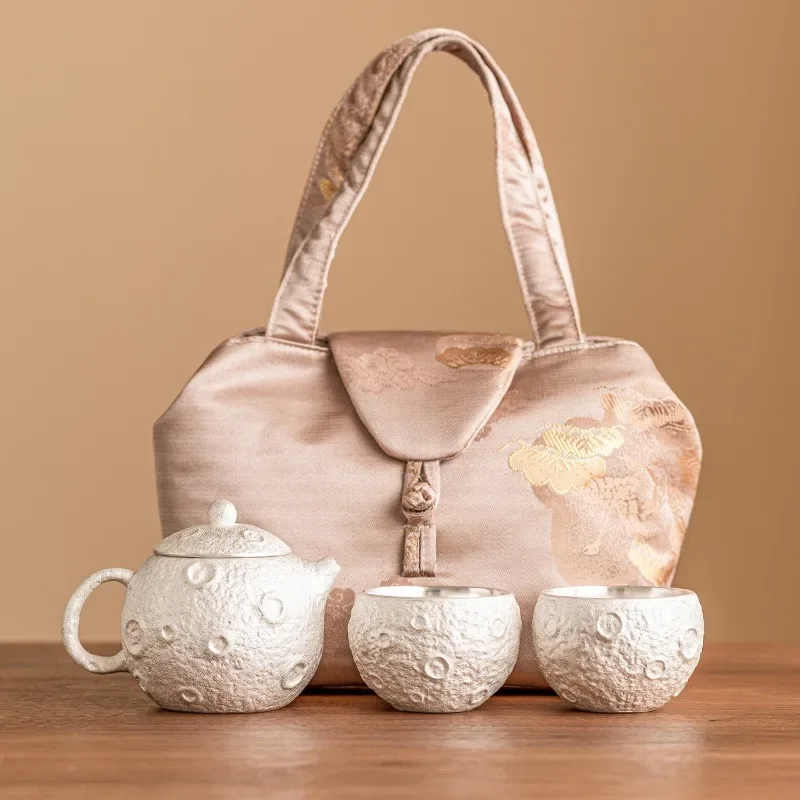Wandering Planet Hand-plated 999 Silver Travel TeaSet Portable Outdoor Car 1Pot 2Cup Set Picnic Camping TeaSet Office Decoration