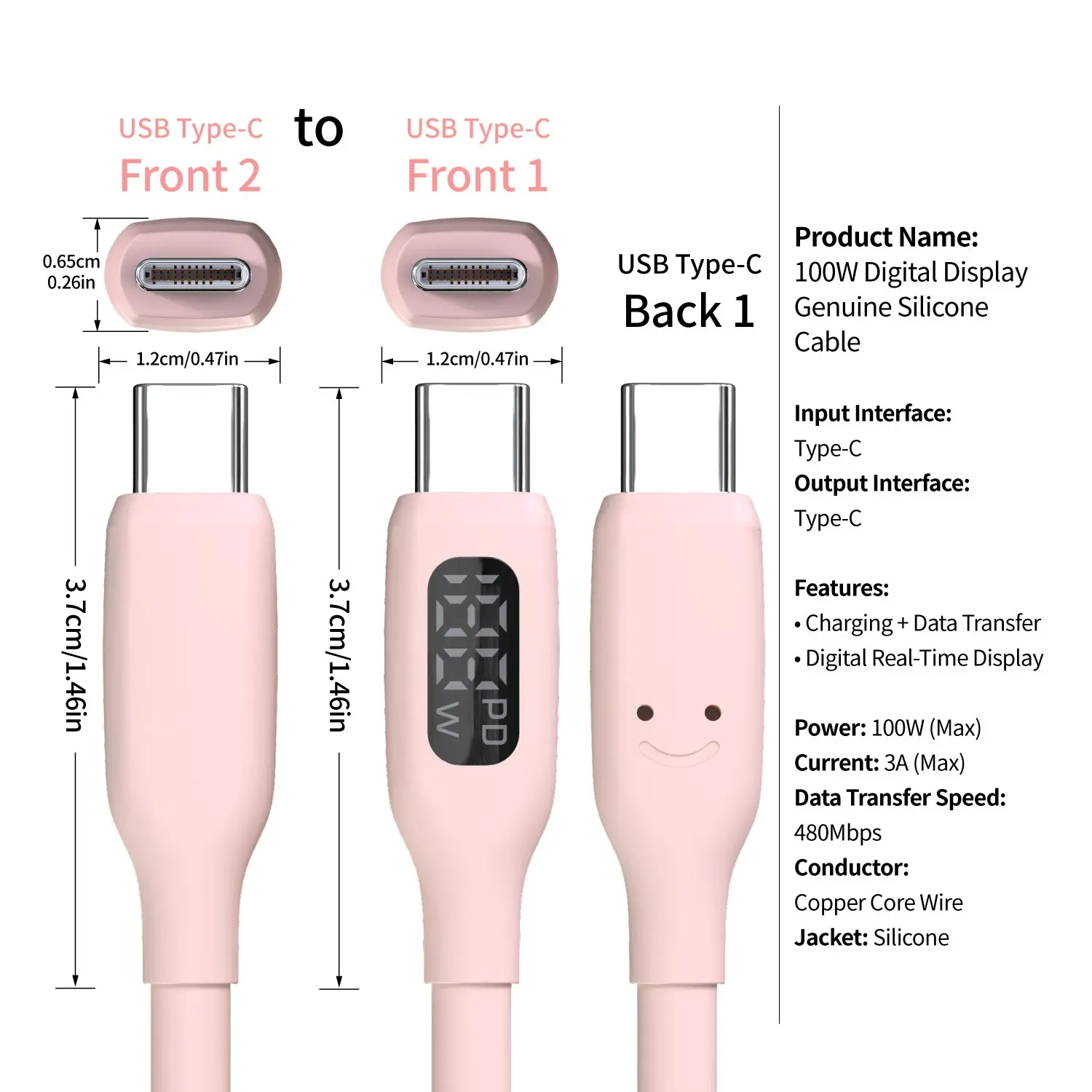 PD100W USB C Superschnelles Ladekabel Niedlicher rosafarbener Silikon-LED-Bildschirm für iPhone 17/16/15 und Typ-C-Telefone Tablets – Detail 6