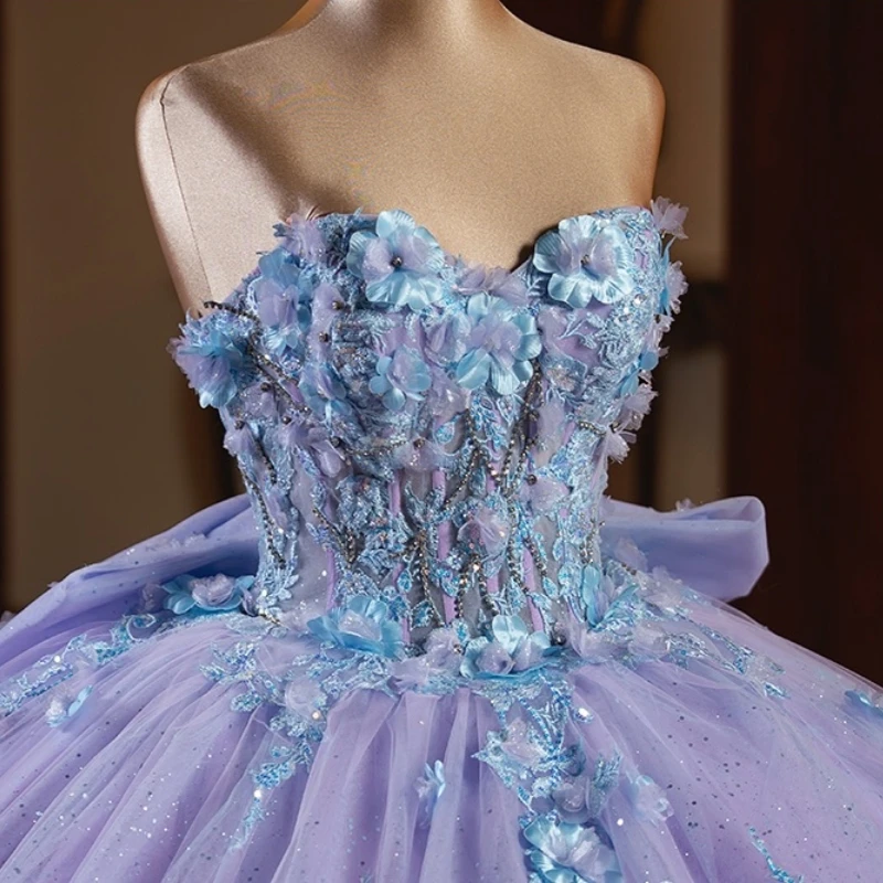 라벤더 샤이니 퀸시에라 드레스 오프숄더 아플리케 레이스 비딩 보우 튤 파티 생일 스위트 16 드레스 베스티도스 15