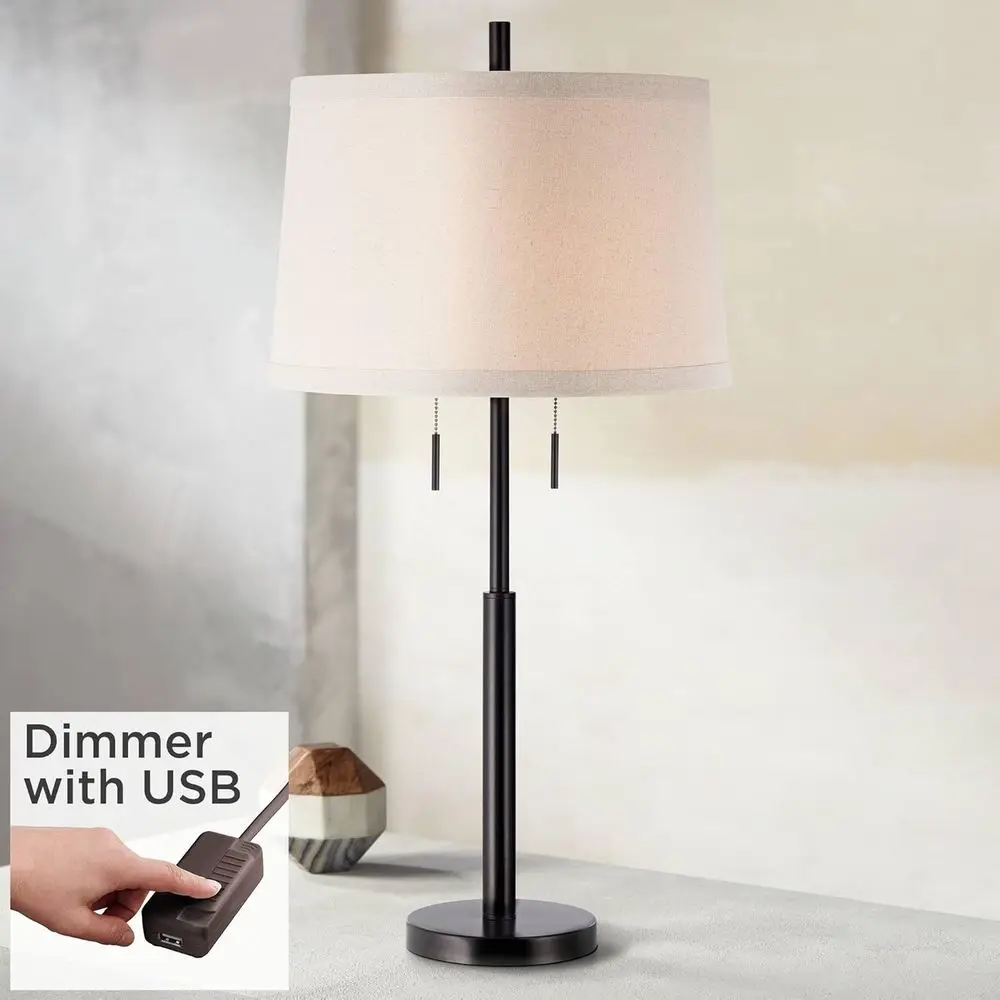 Euro Design 3-Way Skinny Table Lamp 33 Tall with Dimmer, USB Port, Matte Bronze Metal, White Burlap Drum Shade for Bedroom, Livi