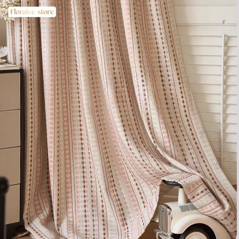 1PC 2024 New Light Luxury Retro Blue Stripe Girl\'s Bedroom Bay Window Curtains for Living Room Cloth Curtain Dopamine Drapes