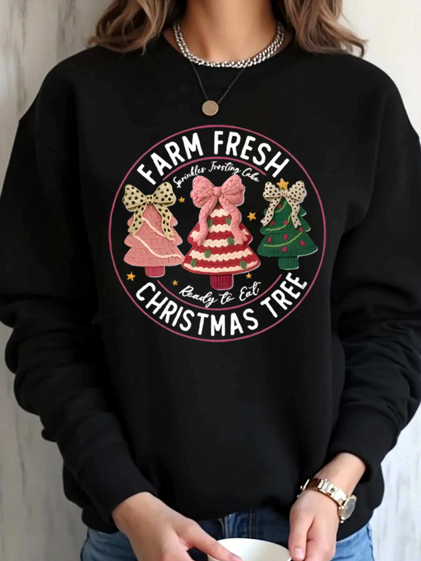 

Женская толстовка большого размера с принтом рождественской елки и торта, праздничный наряд для уличной одежды