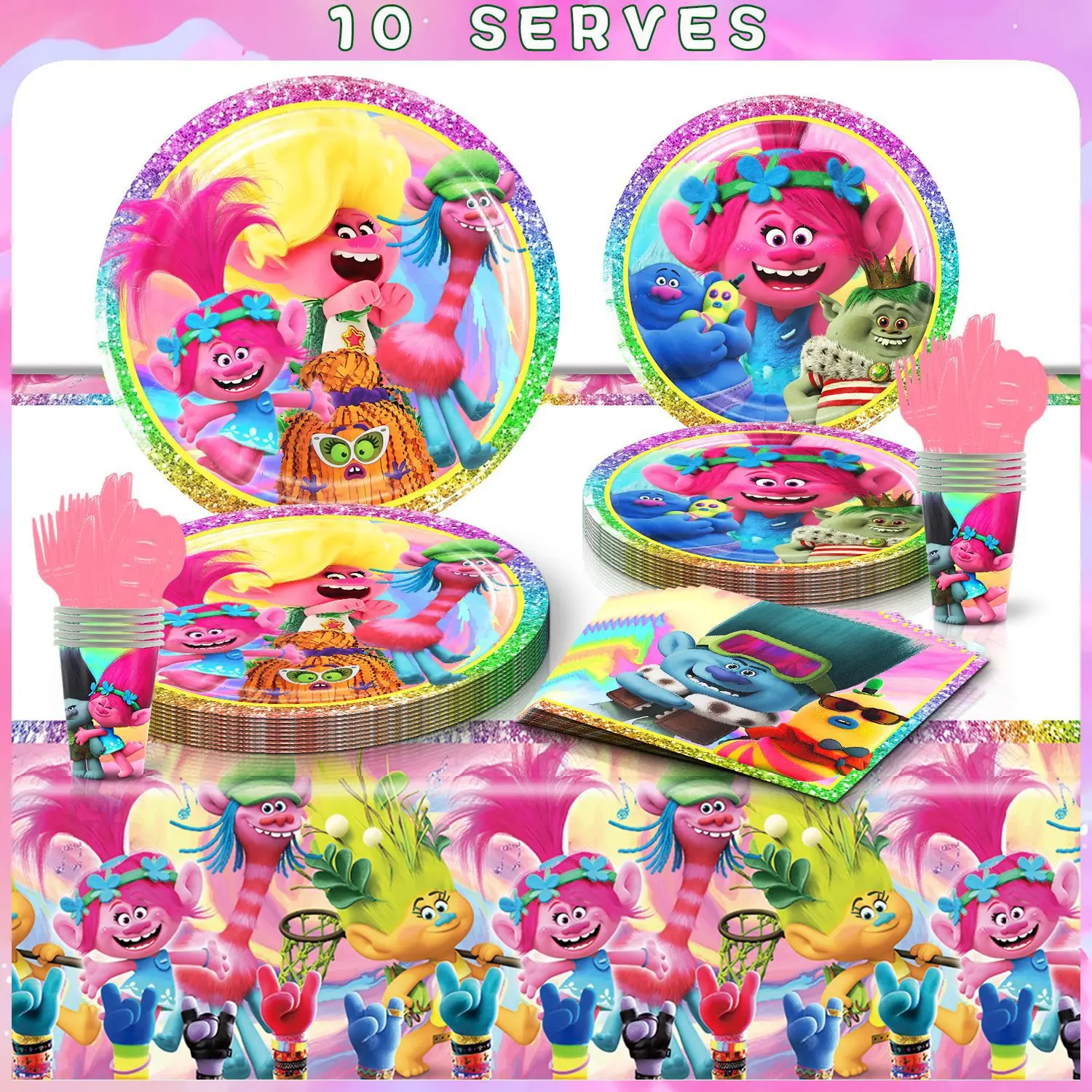 Trolls themed party decoration props disposable paper plates, tissues, tablecloths, tableware set for 10 people