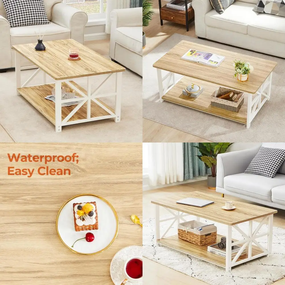 

Oak 39 Farmhouse Style Living Room Coffee Table with Round Edges and 2-Tier X-Frame Storage