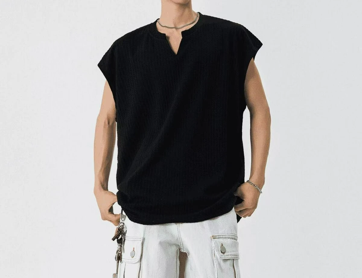 Vest Threaded Vest Boys Summer New T-shirt Loose Casual Texture V-neck Sleeveless T-shirt