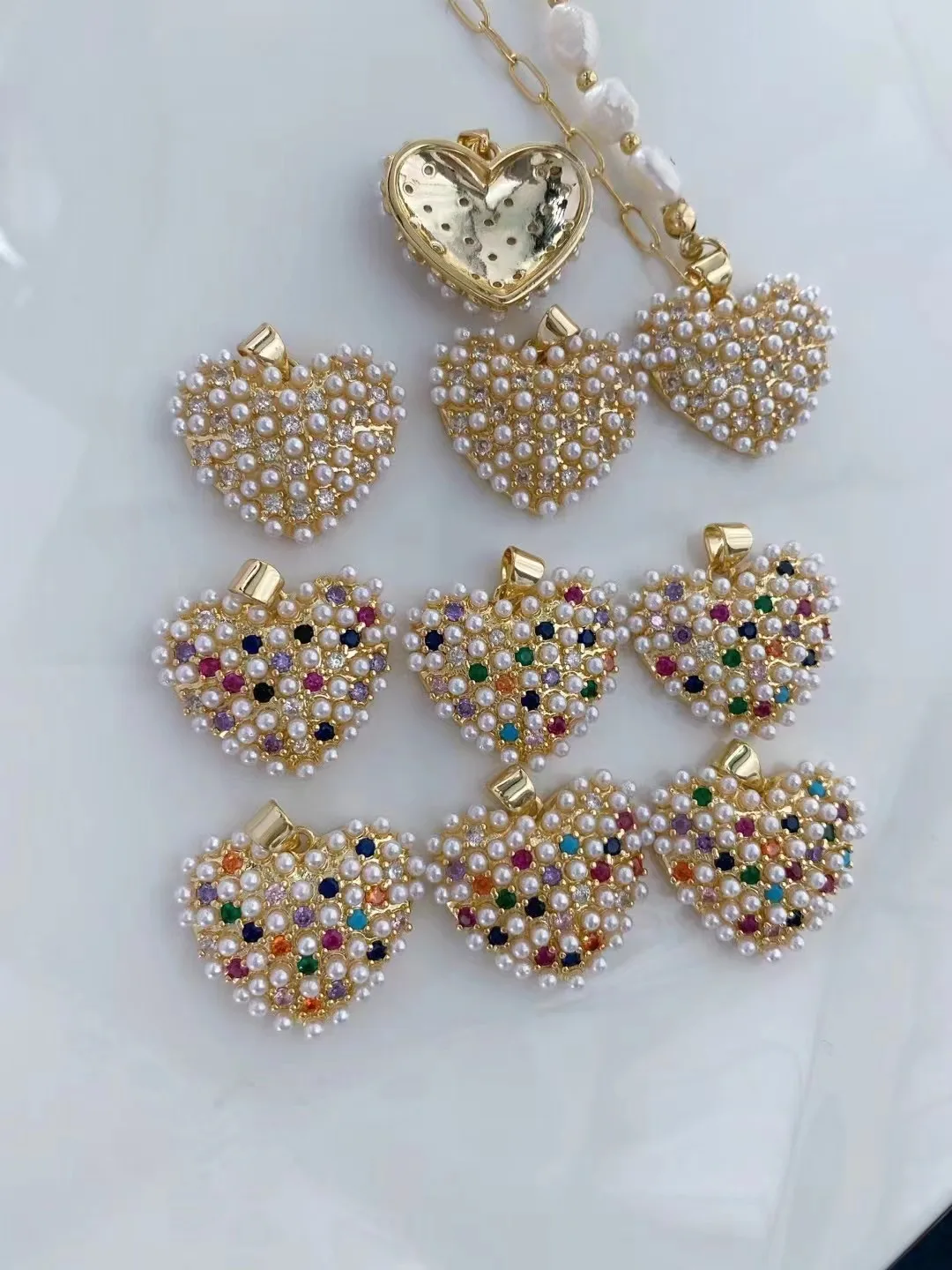 5PCS, Trend Fashion Inlaid Crystal Zircon Necklace Shell Pearl Pendant Charm Heart Shape Necklace Exquisite Jewelry Party Gift