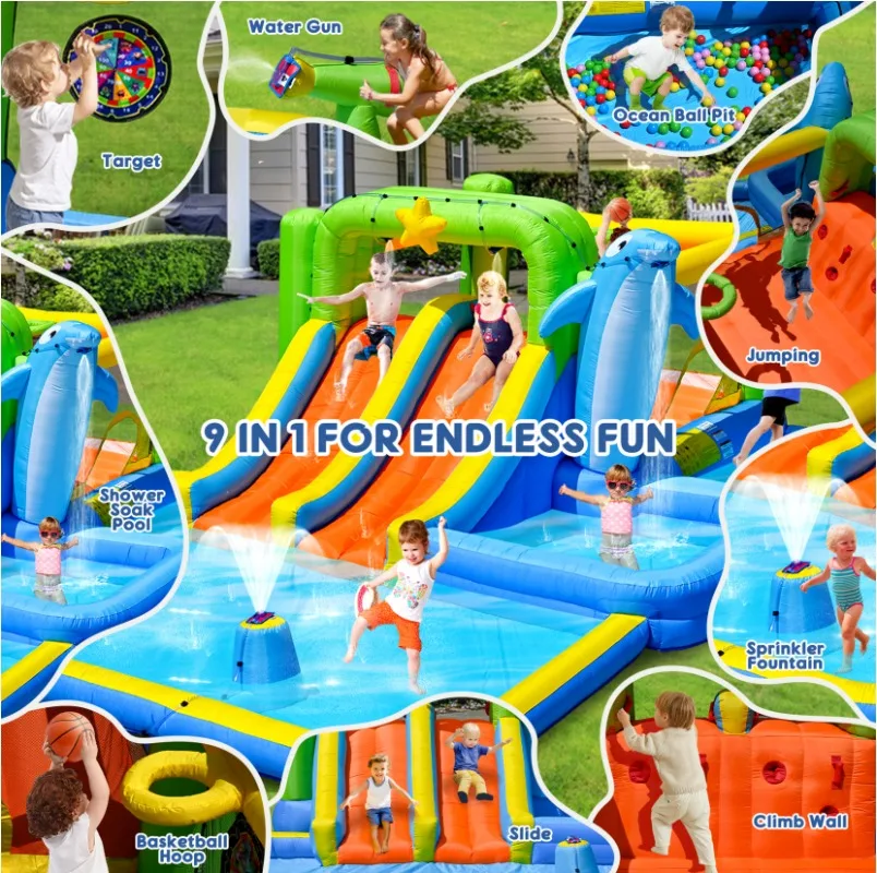 9 in 1 for Endless Fun Inflatable Bounce House with Blower Shower Soak Pool Sprinkler Fountain Water Gun Target for Kids