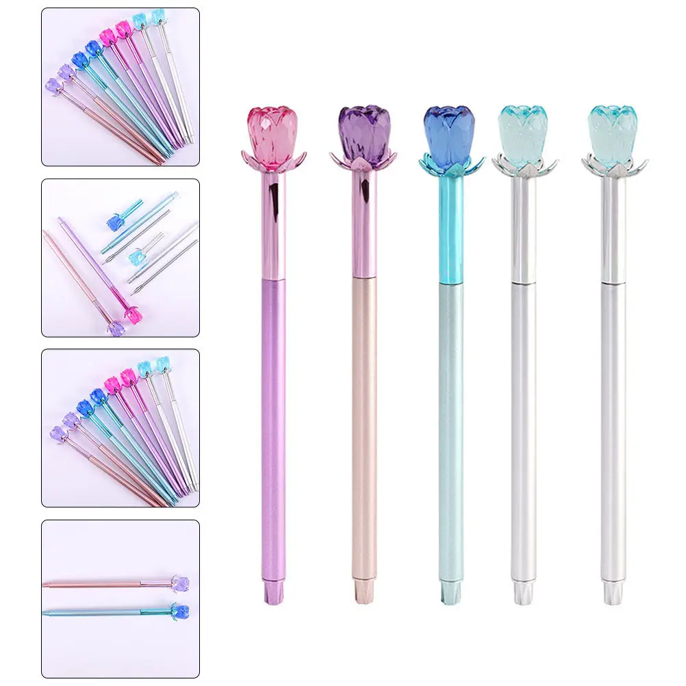 5Pcs Writing Pen Creative Diamond Gel Ink Rose Design Black Refill for Students Effortless Gliding Smooth Lines Portable