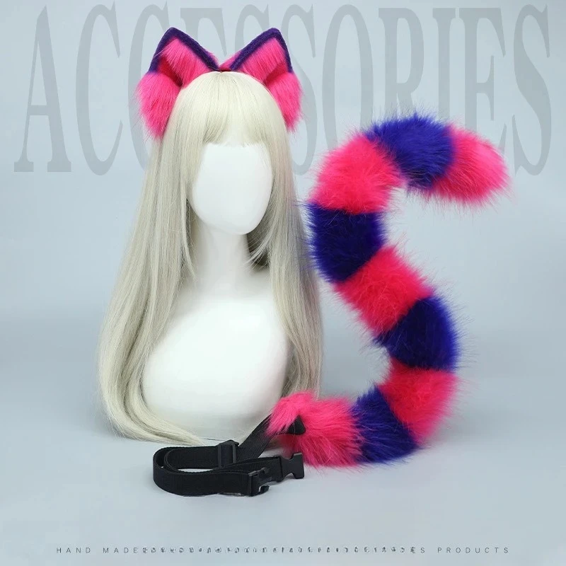 Handcrafted Fluffy Cheshire Cat Ear Tail Set Simulation Animal Headband Hair Accessories for Comic Con Party Cosplay Props